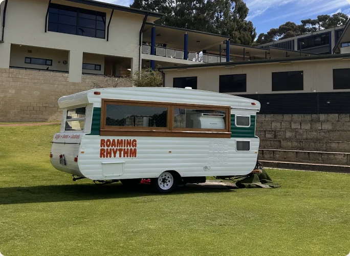 The restored vintage Roaming Rhythm caravan
